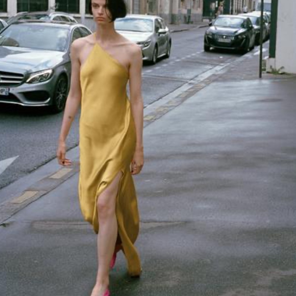 Zara Asymmetric Satin Dress in Yellow
